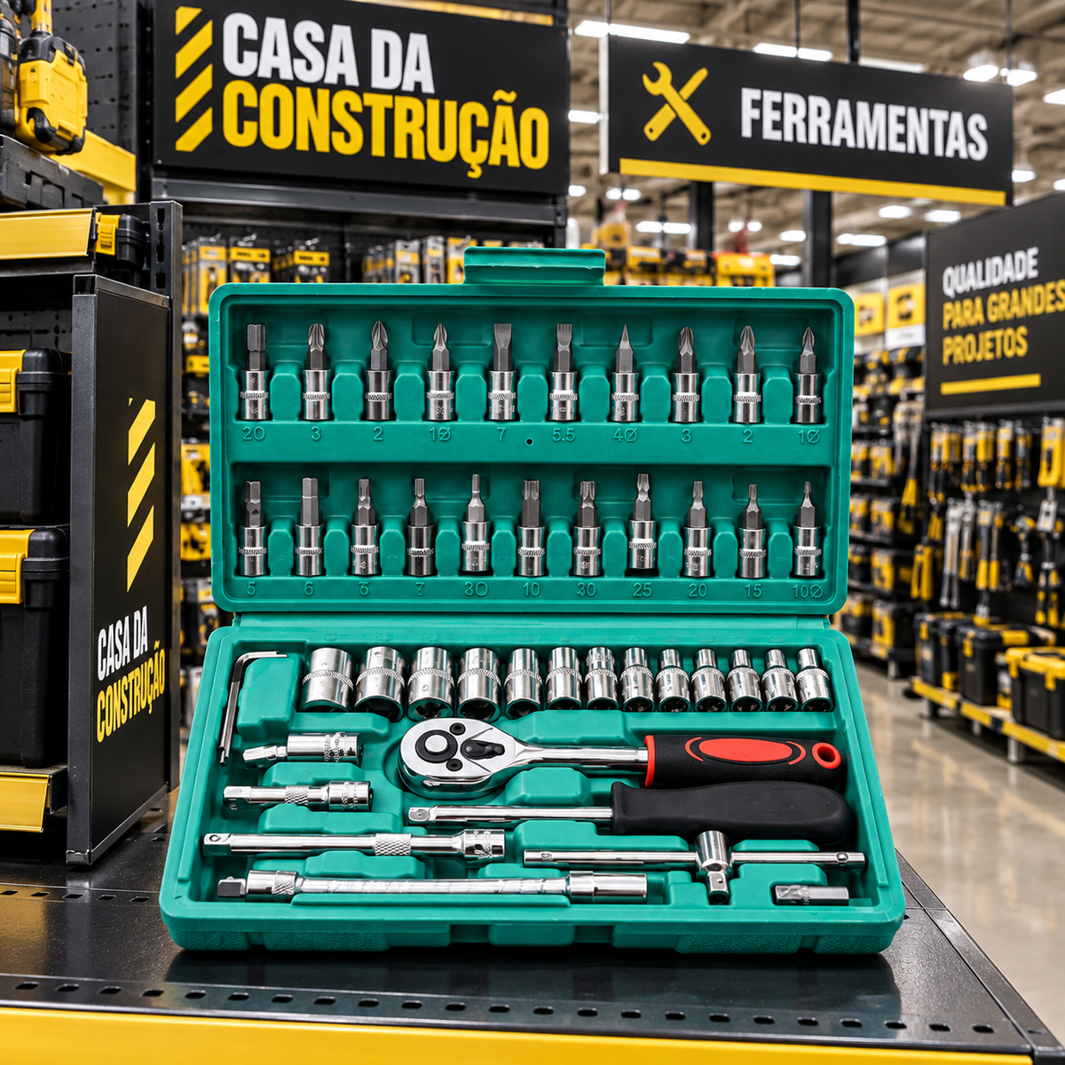 Kit Catraca Pro 46 Peças – Jogo Completo de Soquetes e Bits com Maleta