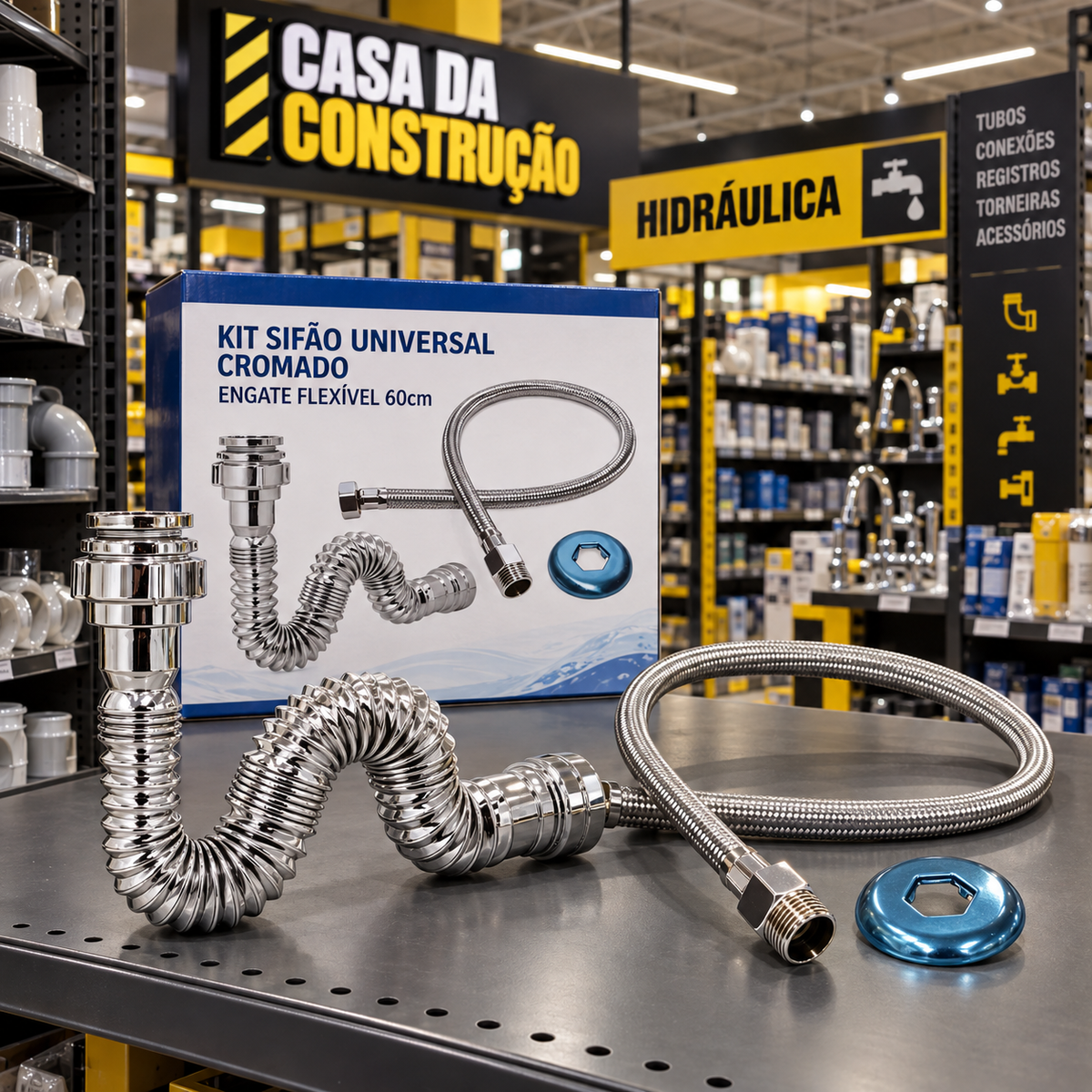 Kit Sifão Universal Cromado com Engate Flexível 60cm
