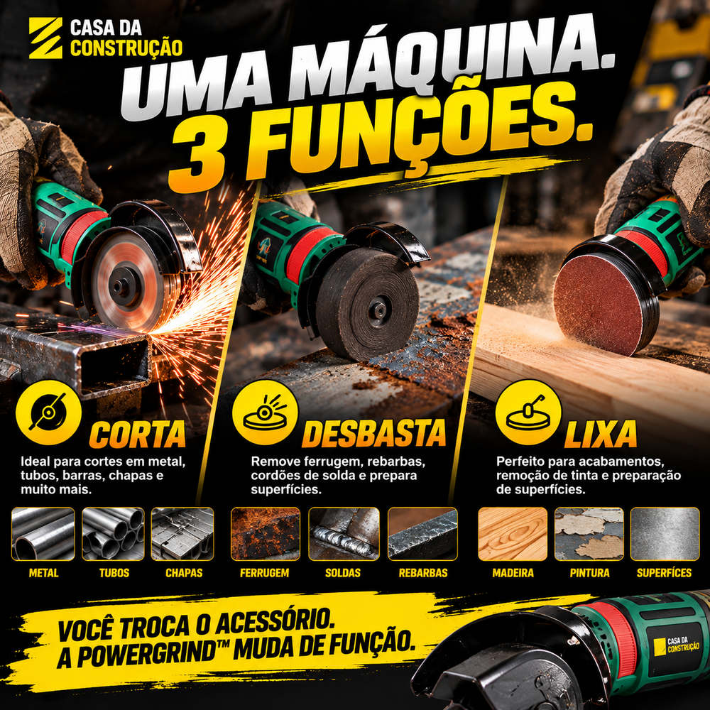 PowerGrind™ Mini Pro 12V | Esmerilhadeira e Lixadeira Sem Fio 3 em 1.