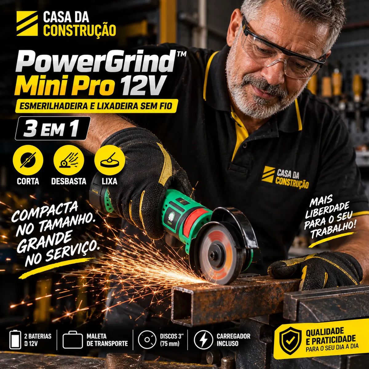 PowerGrind™ Mini Pro 12V | Esmerilhadeira e Lixadeira Sem Fio 3 em 1.