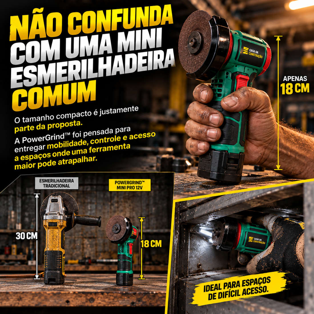 PowerGrind™ Mini Pro 12V | Esmerilhadeira e Lixadeira Sem Fio 3 em 1.