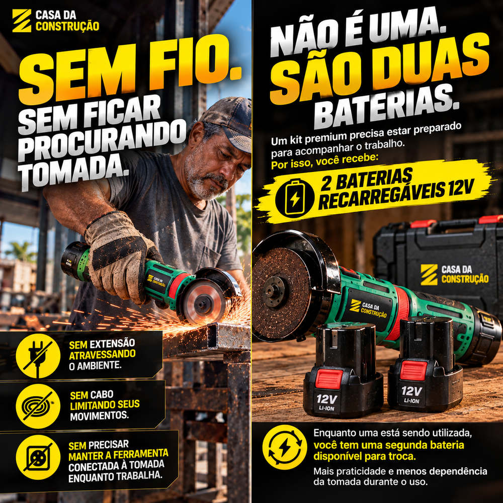 PowerGrind™ Mini Pro 12V | Esmerilhadeira e Lixadeira Sem Fio 3 em 1.
