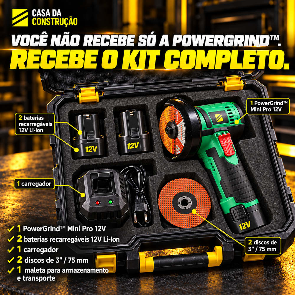 PowerGrind™ Mini Pro 12V | Esmerilhadeira e Lixadeira Sem Fio 3 em 1.