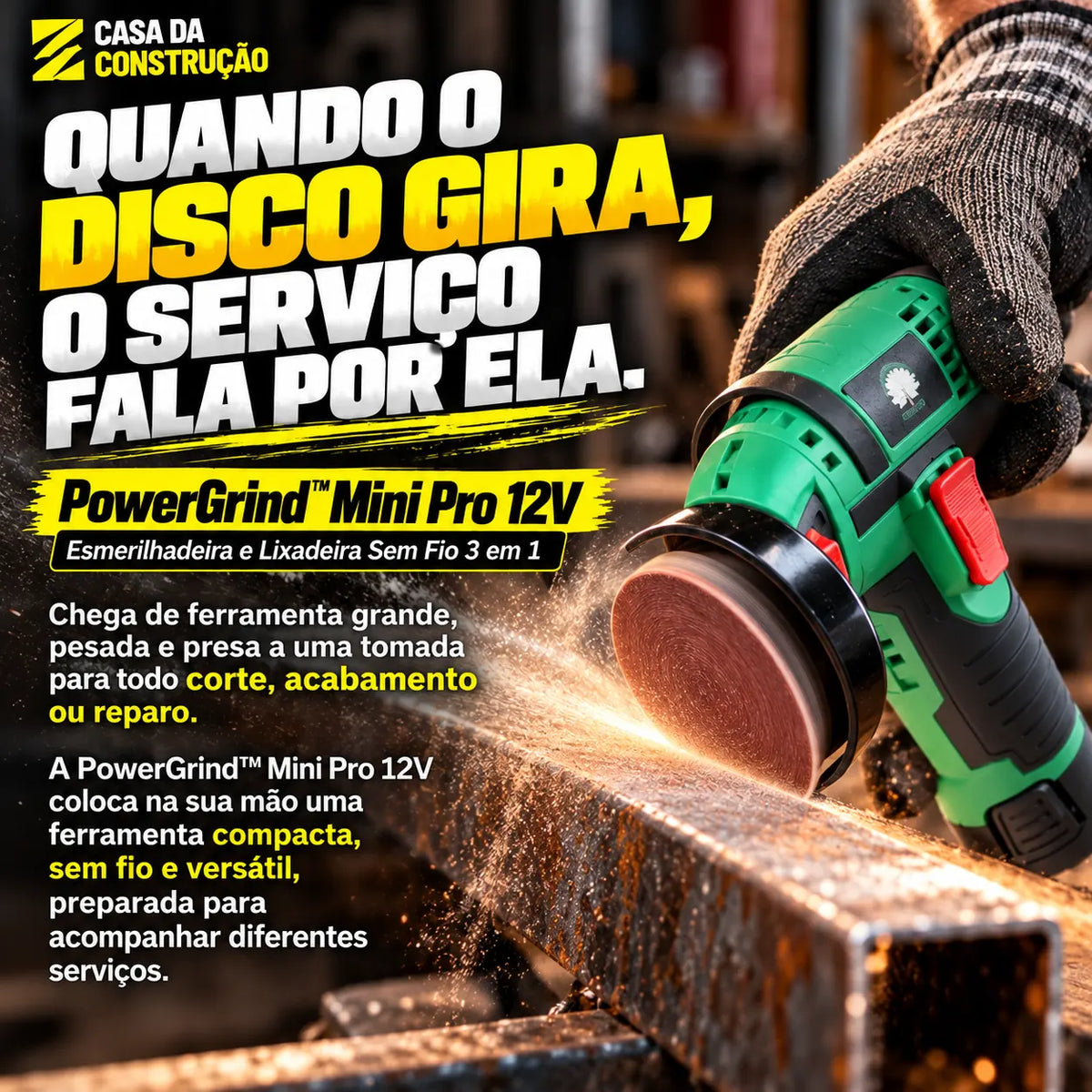 PowerGrind™ Mini Pro 12V | Esmerilhadeira e Lixadeira Sem Fio 3 em 1.