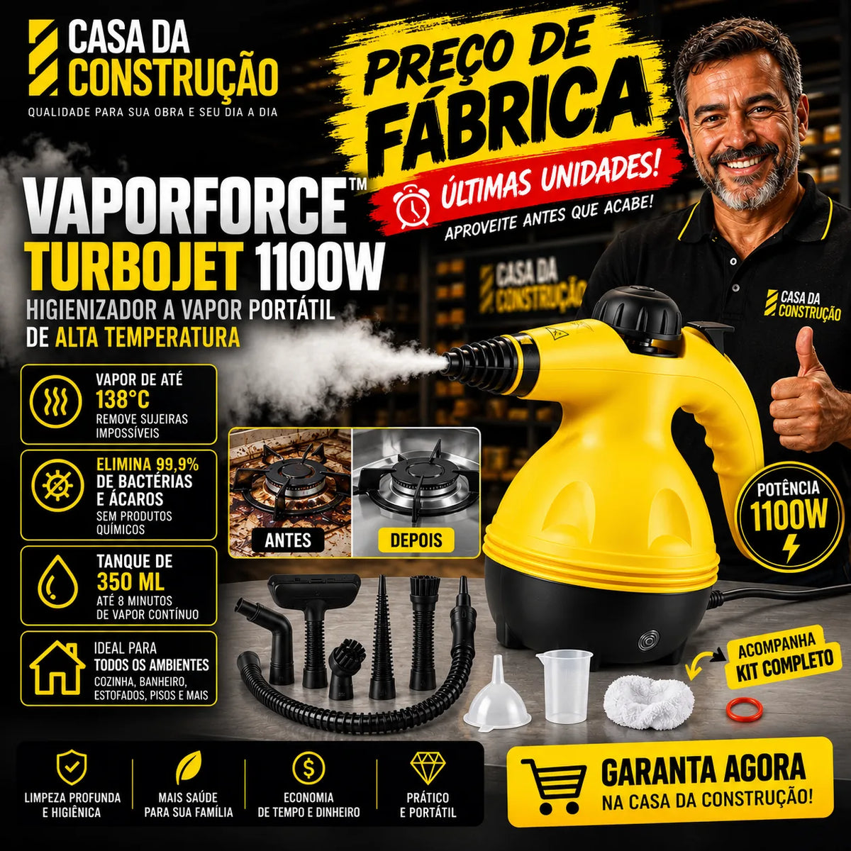 VaporForce™ TurboJet 1100W | Higienizador a Vapor Portátil de Alta Temperatura