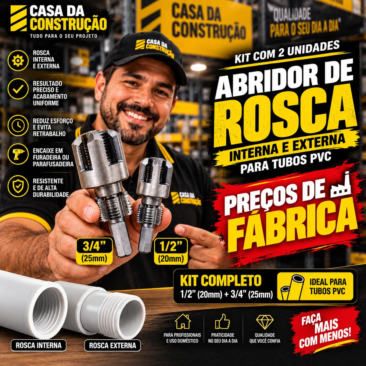 RoscaPro™ Turbo 2X | Kit Abridor de Rosca Interna e Externa para Tubos PVC