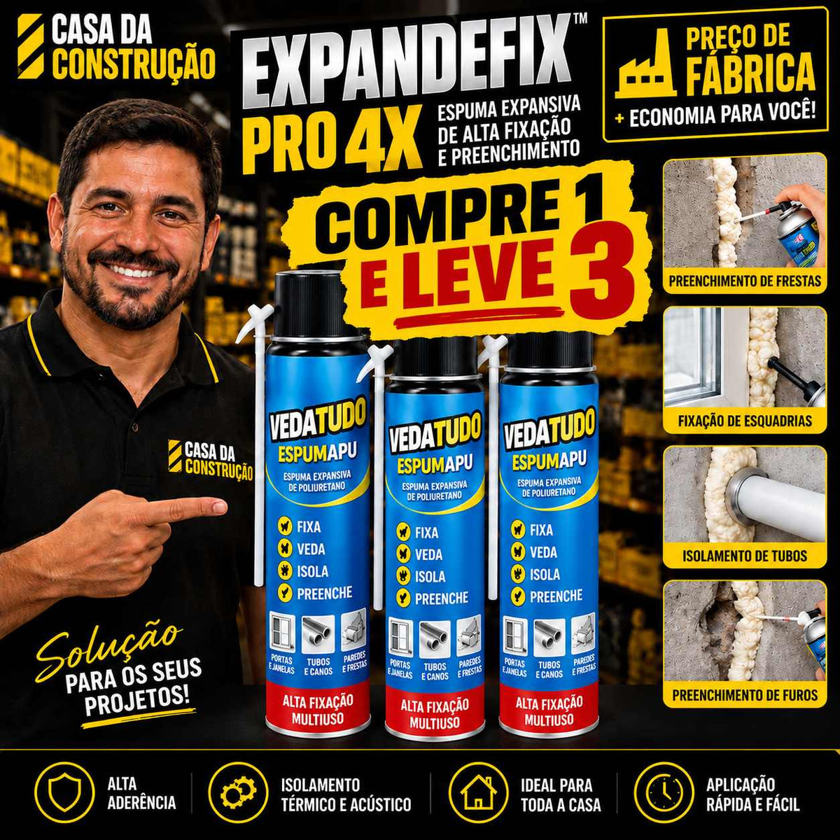 ExpandeFix™ Pro 4X | Espuma Expansiva de Alta Fixação e Preenchimento