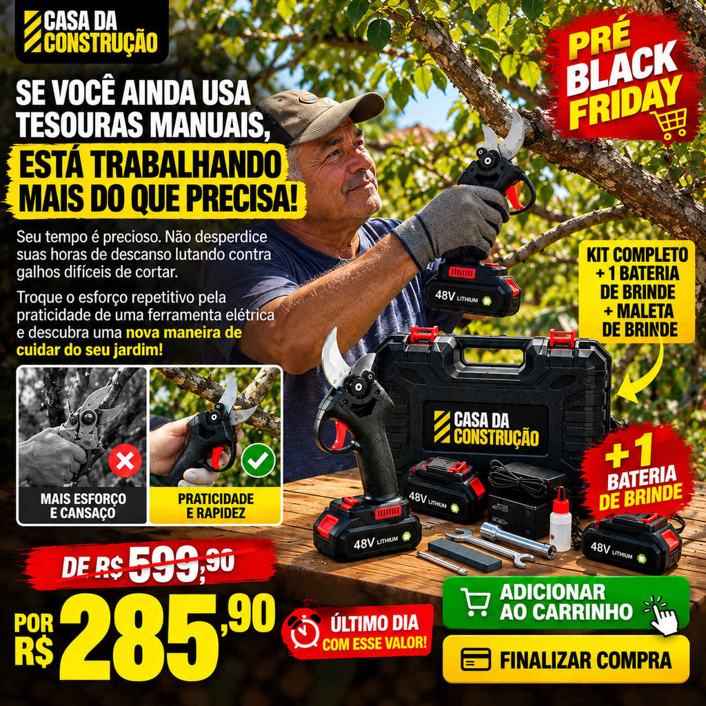GardenCut™ Pro | Tesoura Elétrica de Poda Sem Fio Profissional com 2 Baterias + Maleta Completa