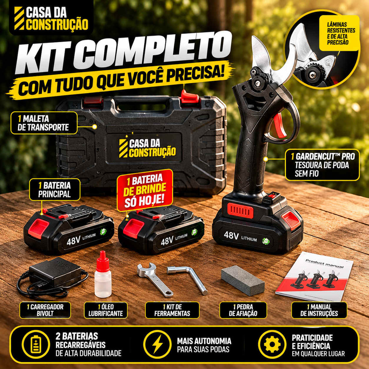 GardenCut™ Pro | Tesoura Elétrica de Poda Sem Fio Profissional com 2 Baterias + Maleta Completa