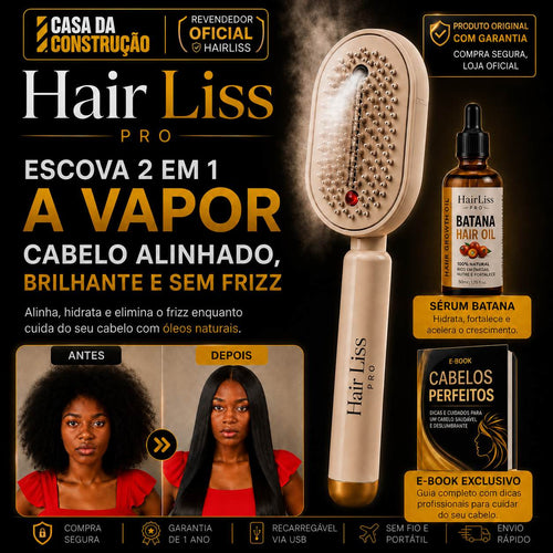 HairLiss Pro™  Escova Alisadora Instantânea a Vapor Profissional 2 em 1 (Escova + Sérum + Manual Cabelos Perfeitos)