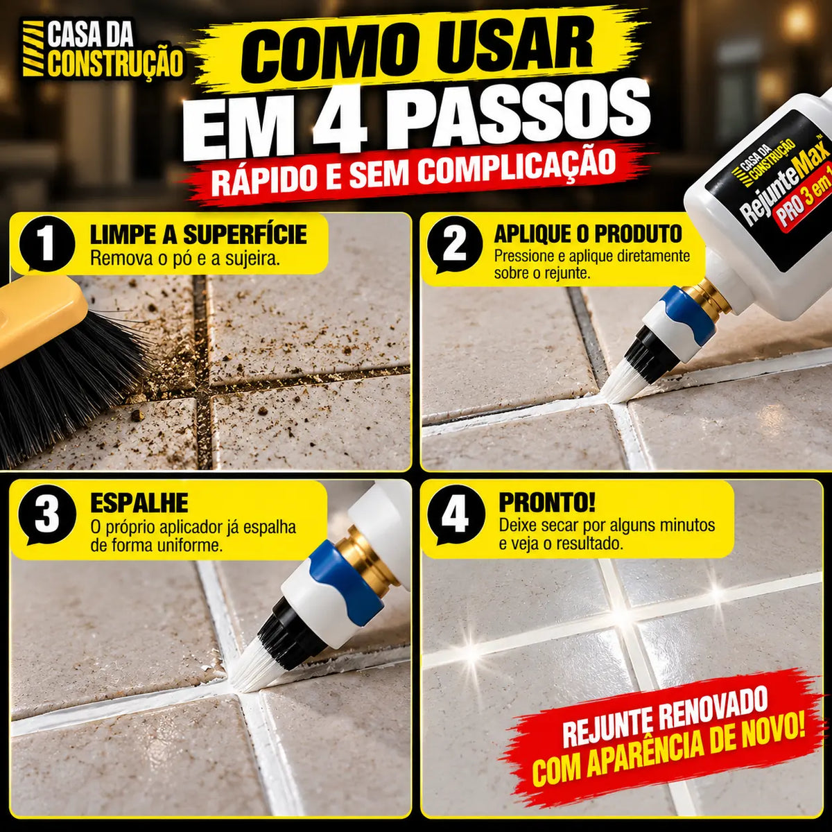 RejunteMax™ Pro 3 em 1 Renovador, Colorizador e Selante de Rejuntes