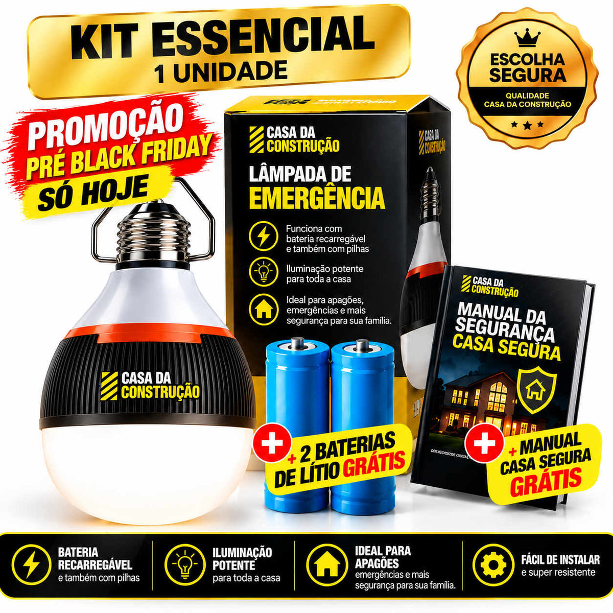 PowerLight™ Emergency Pro 50W | Lâmpada de Emergência LED Recarregável Bivolt 3 em 1