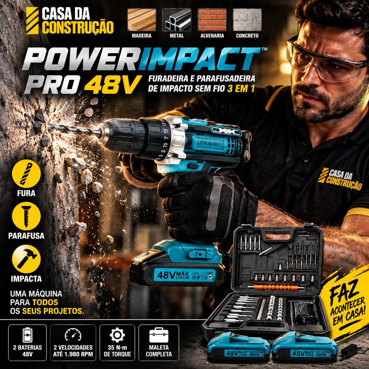 PowerImpact™ Pro 48V | Furadeira e Parafusadeira de Impacto Sem Fio 3 em 1